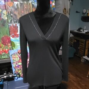 White House Black Market Black Long Sleeve V-Neck Top